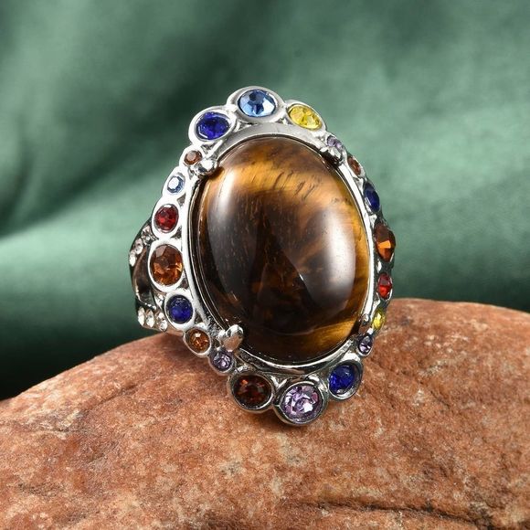 South African Tiger's Eye Austrian Crystal Ring Size 9 - Picture 3 of 6